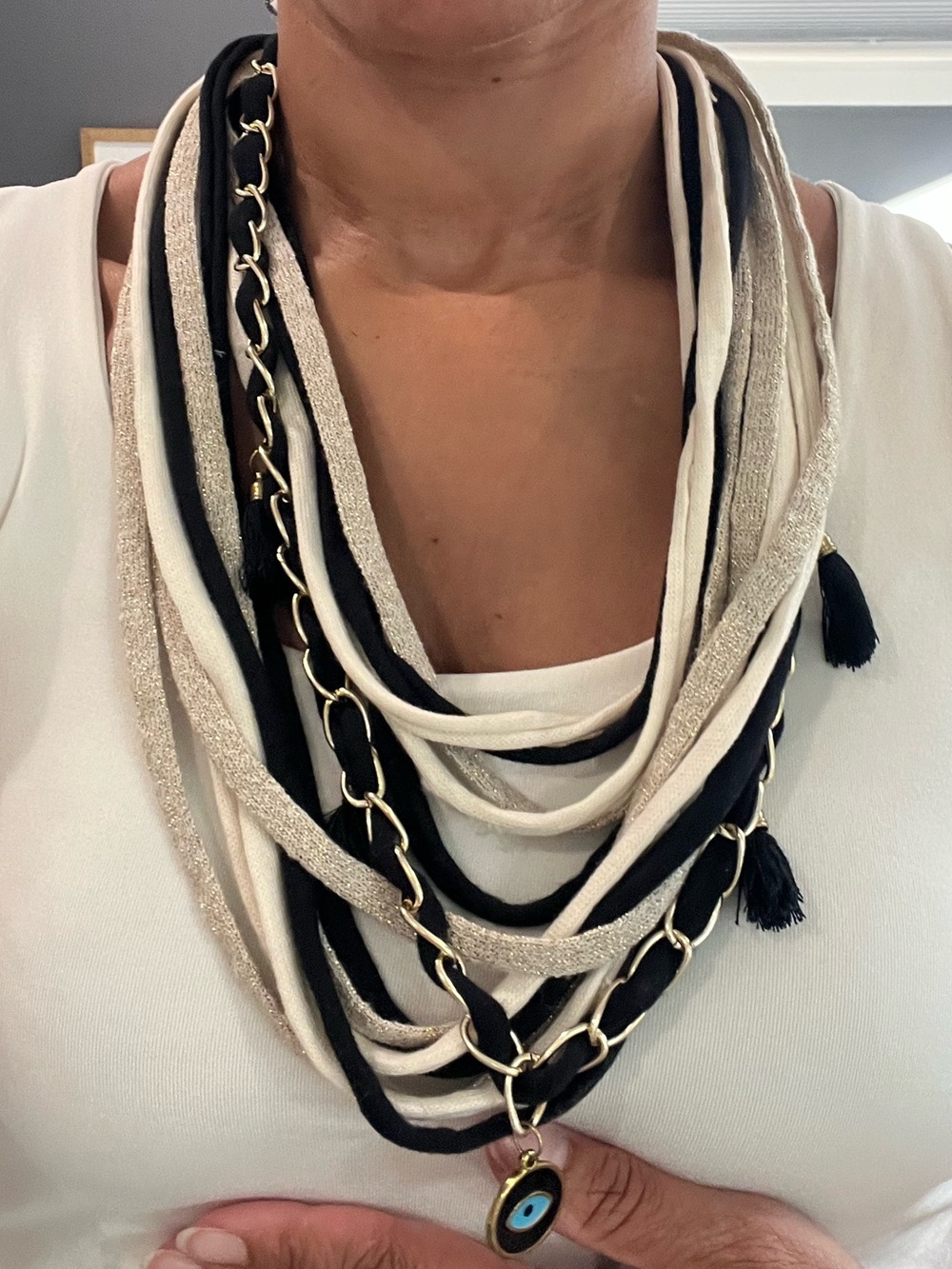 Layered Black and Cream Multi-Strand Necklace with Gold Chain